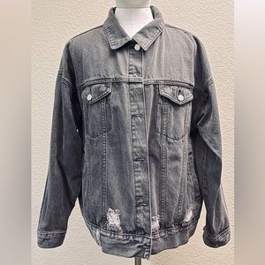 Missguided Plus Oversized Denim Jacket With Rip Detail In Washed Black